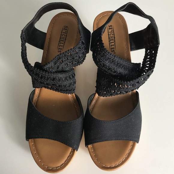 Seychelles Black Lace Cork Wedge Sandals 8 - Picture 2 of 6